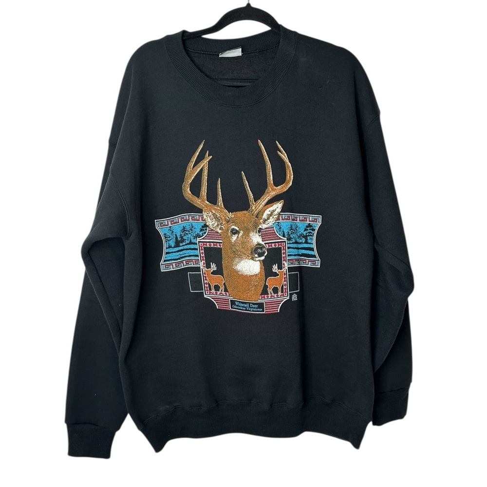 Vtg Lee Sweatshirt Mens Large Black Graphic Hunting Shooting Pullover Deer